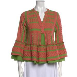 Devotion Twins Top Womens Small Armonia Flare Sleeve Blouse Green Pink Boho